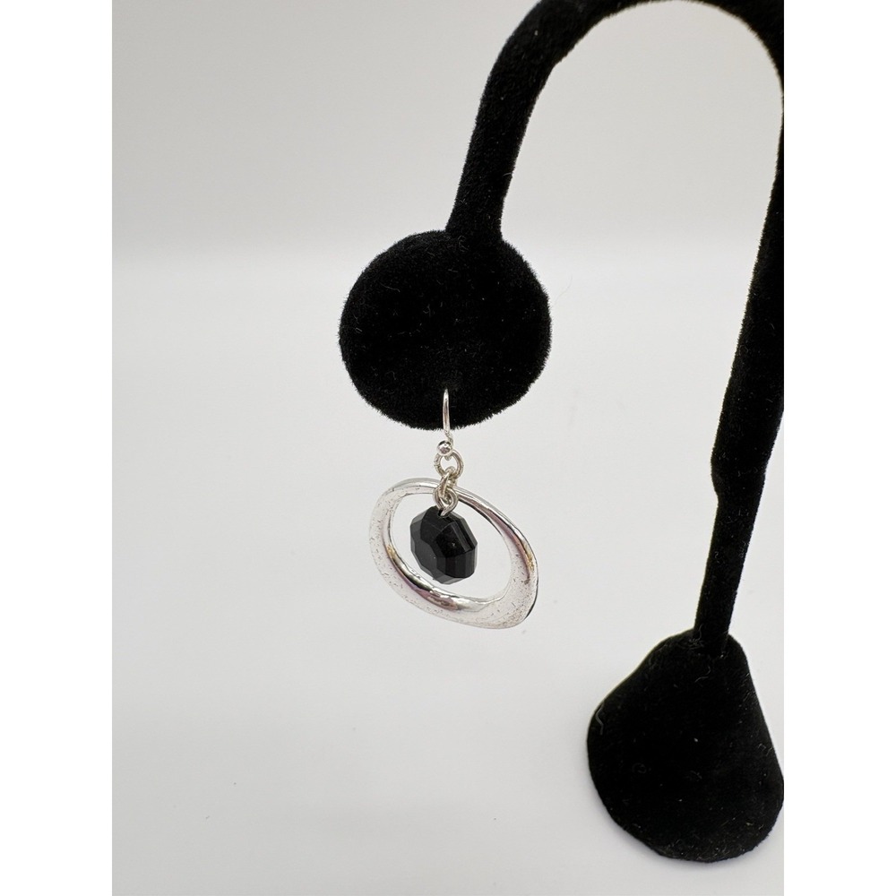 Modern Silver Tone Oval Hoop Earrings With Black Faceted Bead Dangle‎ Drop Jew - Picture 2 of 4